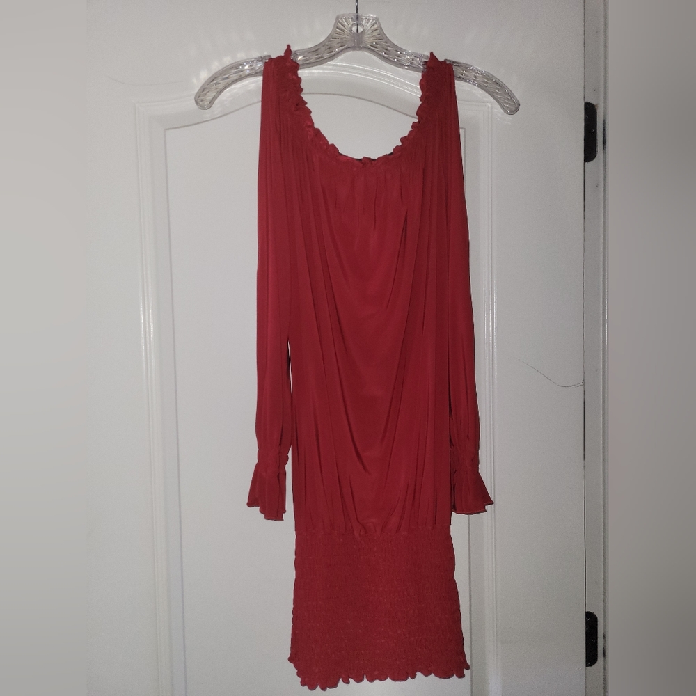 NWOT Women's Red Long Sleeved Shirt/Dress with Split Sleeves & Elastic Bottom